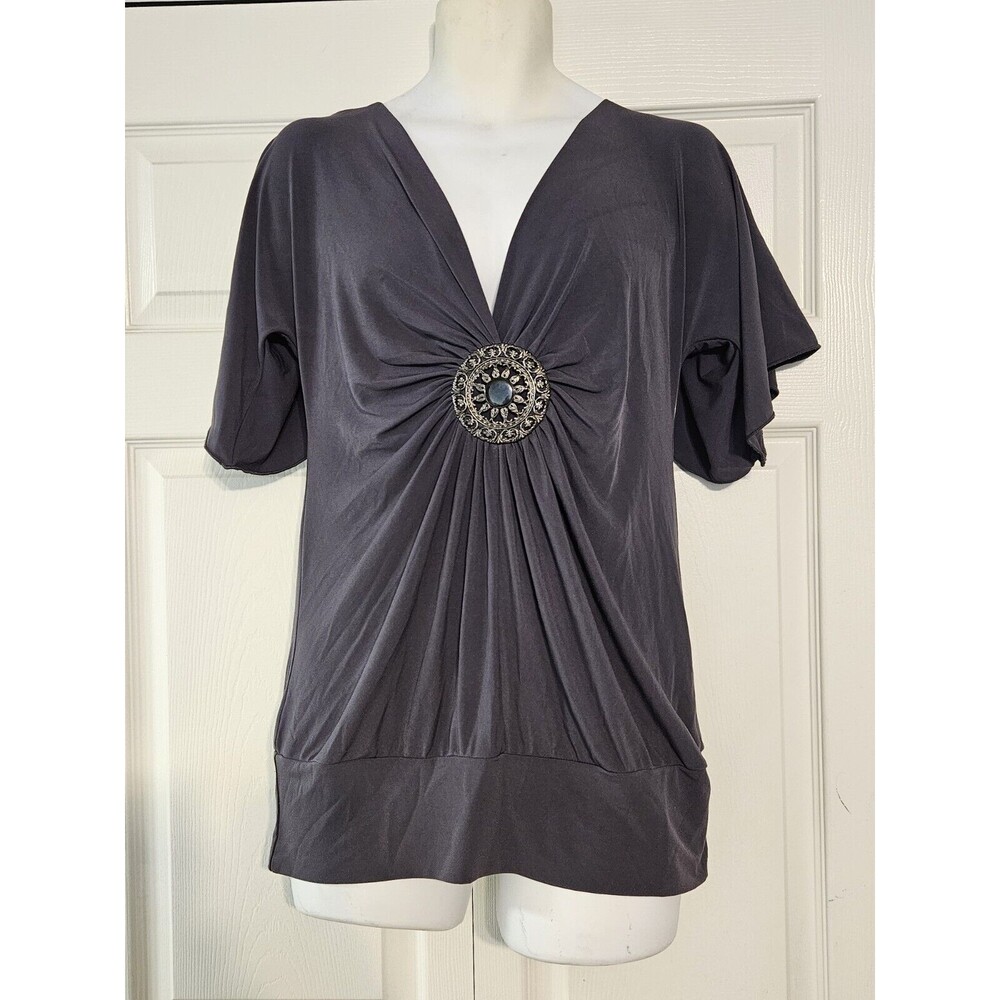 Studio Y Womens Large Gray V-neck Stretchy Gorgeous Embellished Top Y2K Maurices